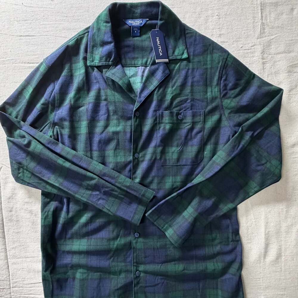 Nautica Men's Green and Navy Plaid Flannel Sleepwear Pajama Top Medium